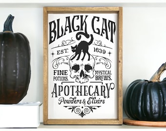 Black Cat - Potions - wood sign - halloween decor - hocus - witchy - pocus - halloween decor - halloween entry way sign -party