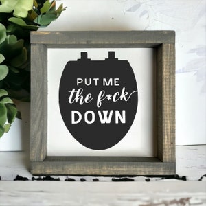 Put me the F down - wood signs - funny bathroom decor - bathroom wall art - adult humor - boys bathroom - bathroom shelf decor - image 4