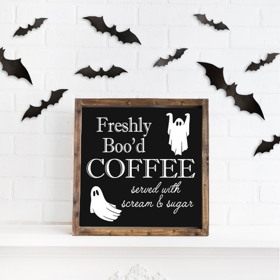 Freshly Boo'd Coffee - Halloween Coffee bar decor - tiered tray - wood sign - ghosts - halloween art - funny halloween signs