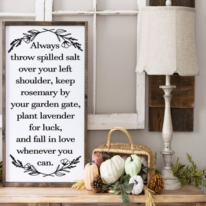 Always throw spilled salt over your shoulder - lavender - rosemary - wood framed sign - witches - practical magic - halloween decor - fall