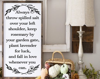 Always throw spilled salt over your shoulder - lavender - rosemary - wood framed sign - witches - practical magic - halloween decor - fall