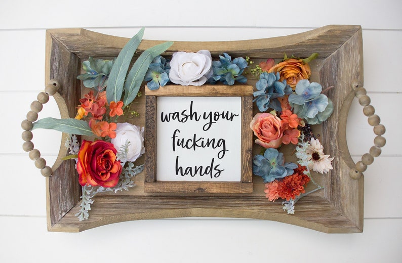 Wash your fucking hands - funny bathroom wall art - bathroom shelf decor - bathroom humor - covid - wood framed sign image 1