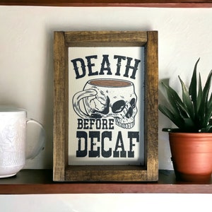 Death before decaf - coffee bar - boho skull - wood sign - skeleton -halloween - halloween decor - diamond shape sign - halloween party