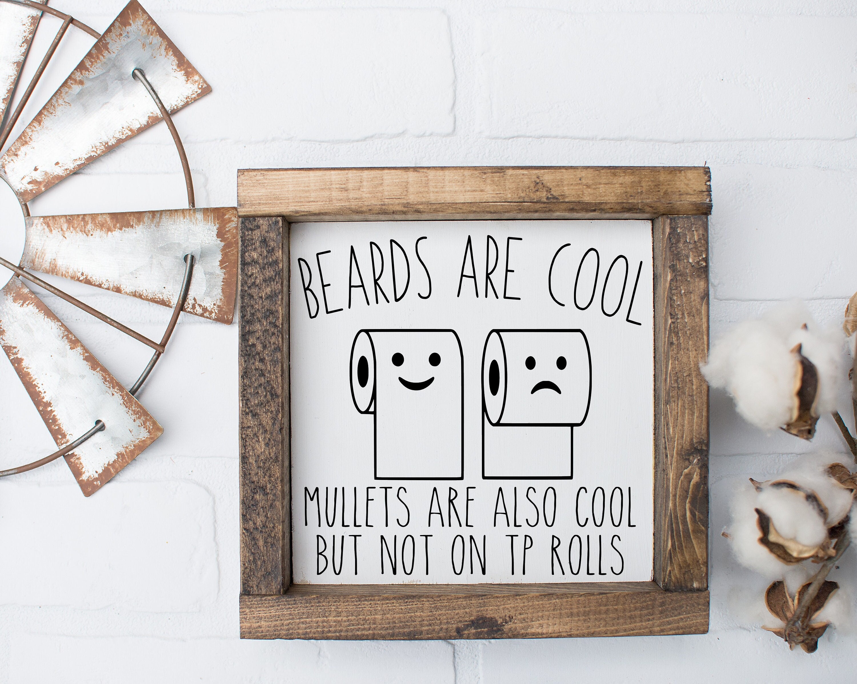 Beards are cool Mullets are also cool - wood framed sign - bathroom decor - funny bathroom wall art - boys bathroom - wallen - mullets -