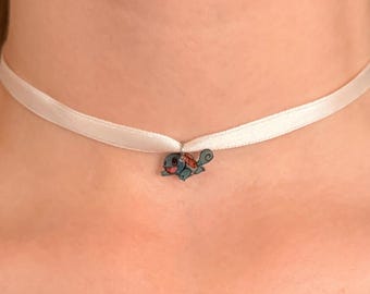 Handmade Squirtle Ribbon Necklace | Cute Pokémon Inspired Necklace | White Satin Choker | Shrink Plastic Pendant | Gift for Pokémon fans