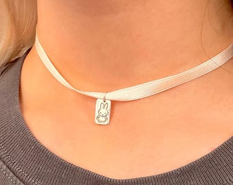 Handmade Miffy Necklace | 999 Silver Clay Pendant, Satin Ribbon Choker, Cute Animal Jewelry