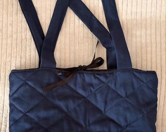 Handmade Quilted Satin Tote Bag – Dark Blue Shoulder Bag – Fleece Lining & Inner Pocket – 30 × 22 cm