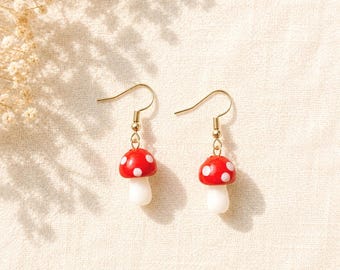 Handmade Mushroom Earrings - Cute Retro-Style Glass Earrings | Handmade Mushroom Earrings with Stainless Steel Hooks | Cottagecore Fairycore