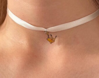 Pikachu Necklace | Handmade Pokémon Necklace | White Ribbon Choker | Pikachu Pendant | Kawaii Jewelry | Pokemon Poison