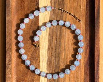 Handmade pearl necklace – Light blue & pink necklace – Pastel jewelry – Adjustable – 36 + 5 cm