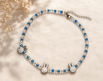 Handmade Miffy necklace with glass beads – Blue beaded necklace – Cute kawaii necklace – 33 cm + 5 cm extension
