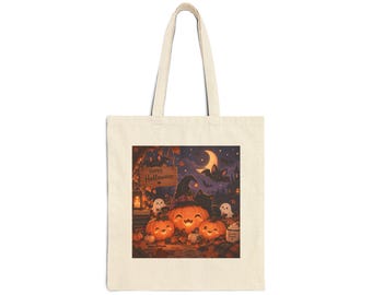 Smiling Jack-o'-Lanterns Tote Bag | Halloween Pumpkin Canvas Tote