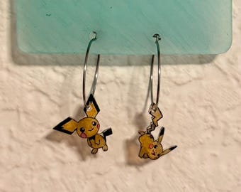 Handmade Pichu & Pikachu Earrings | Mismatched Pokémon Hoops | Shrink Plastic Jewelry | Stainless Steel | Anime poison