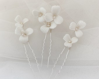 Lily - White Porcelain Flower Wedding Hair Pins, Wedding Hair Jewellery