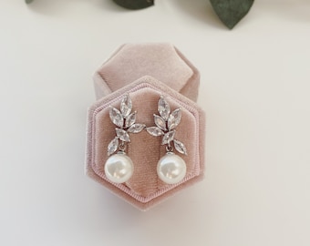Isabelle Silver leaf round pearl drop earrings, wedding earrings, bridesmaid earrings