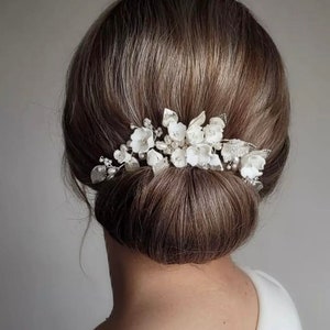 Emilie - White Porcelain Flower Bridal Hair Comb, Gold Wedding Hair Jewellery