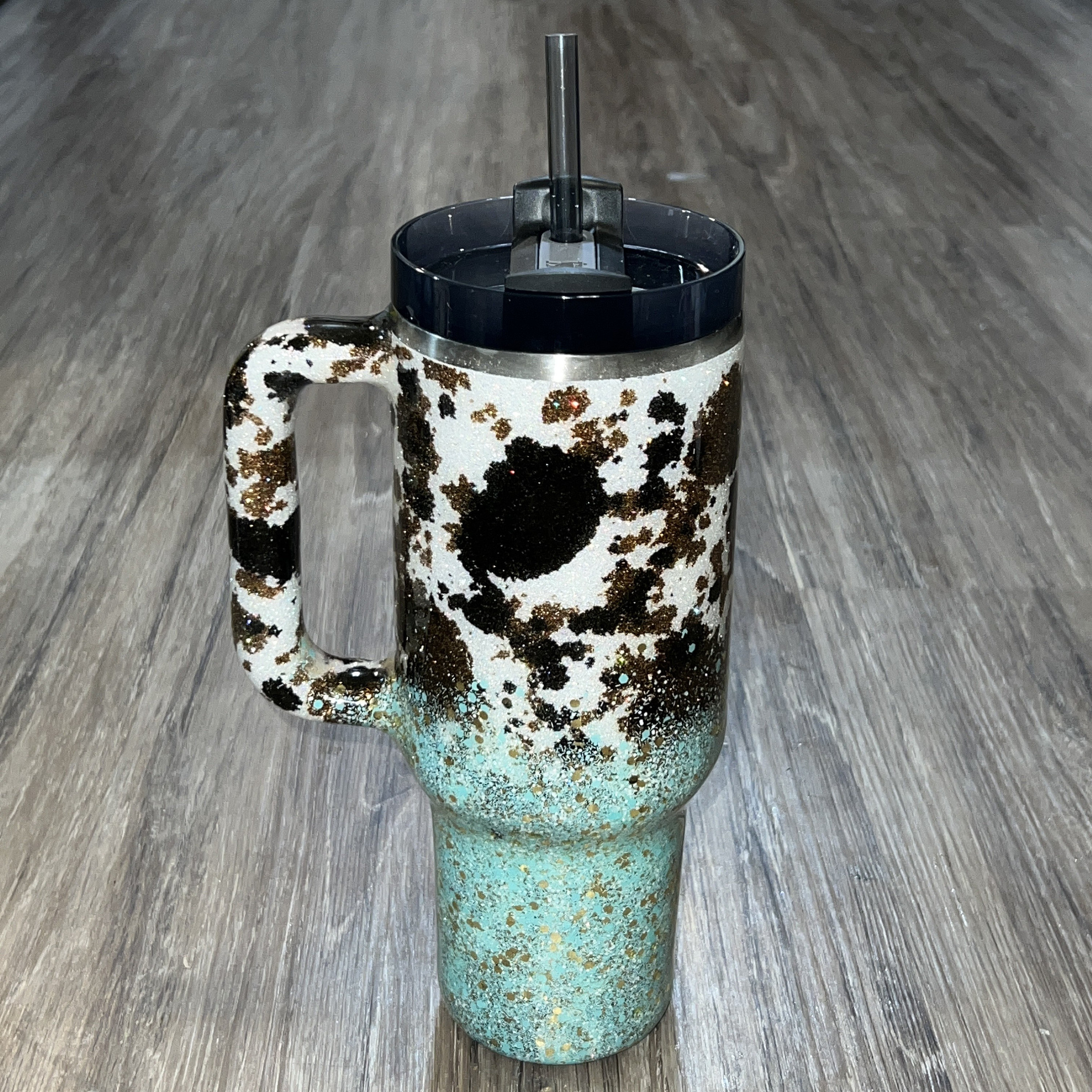 Cow Print Teal and Gold Ombré Custom Stanley Tumbler MADE TO ORDER