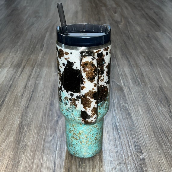 Cow Print Teal and Gold Ombré Custom Stanley Tumbler MADE TO ORDER