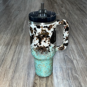 Cow Print Teal and Gold Ombré Custom Stanley Tumbler MADE TO ORDER 