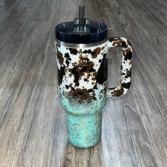 Cow Print Teal and Gold Ombré Custom Stanley Tumbler MADE TO ORDER