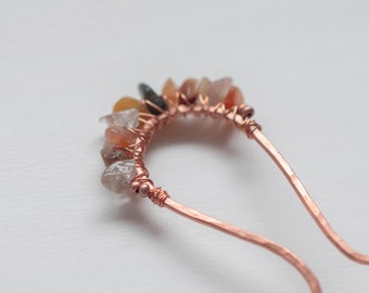 Mixed Indian agate chips & copper wire-wrapped hammered hairpin hair jewelry accessory
