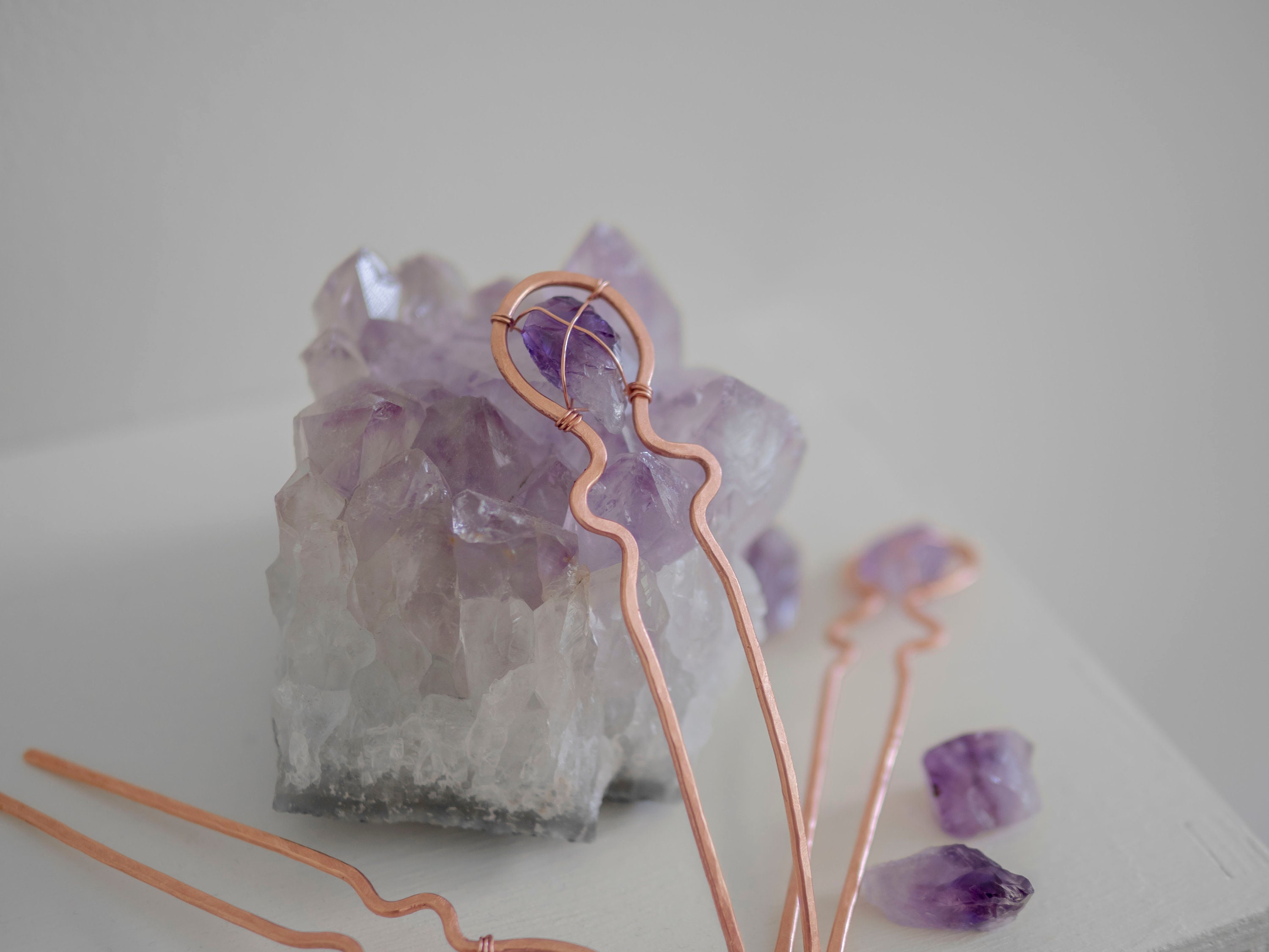 Genuine Copper and Amethyst Hair Accessories Bundle Raw Crystal Hair Pins With Copper, Silver, Gold – Buddha  main image 2