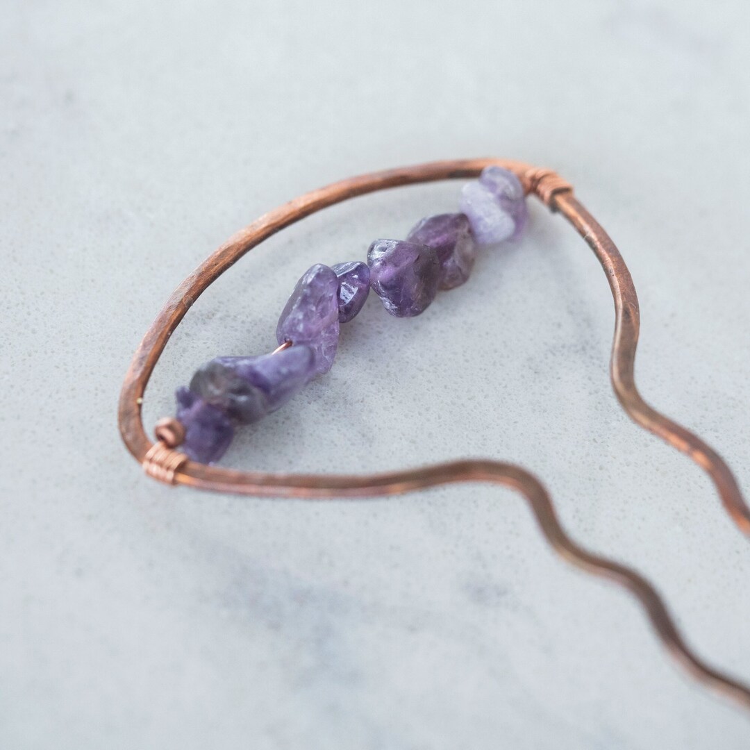 Purple Amethyst Nugget Copper Wire Hammered Hairpin Hair  display picture 3