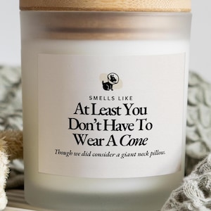 May include: A frosted glass candle with a light wood lid and a white label. The label features a black icon of a dog wearing a cone, with the text: "SMELLS LIKE At Least You Don't Have To Wear A Cone. Though we did consider a giant neck pillow."