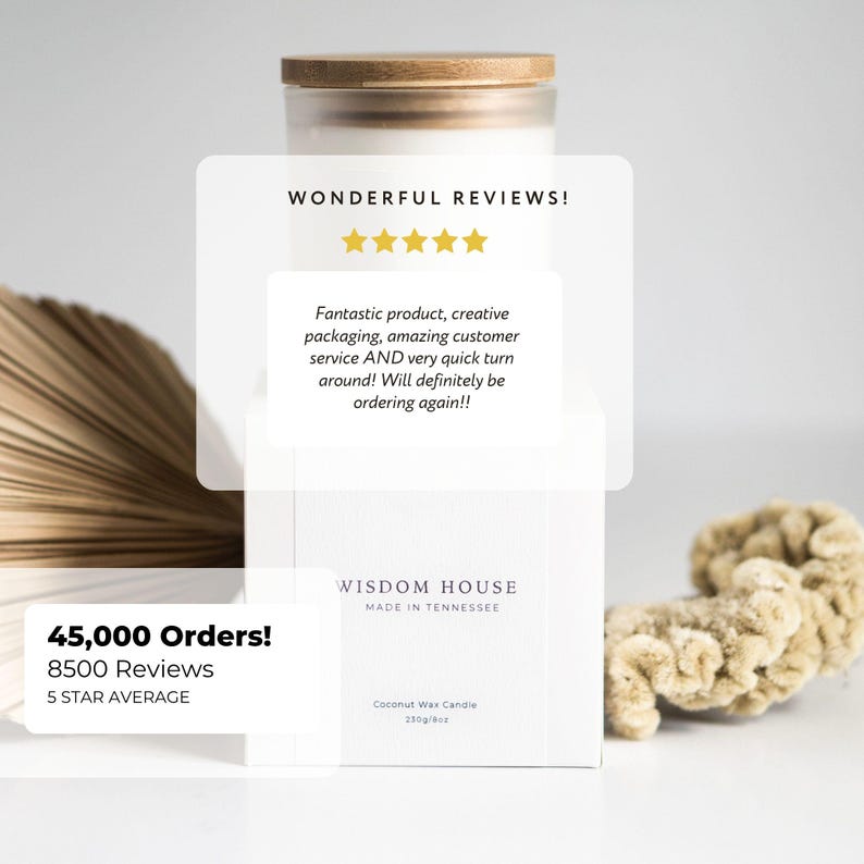 May include: A white Wisdom House coconut wax candle with a wooden lid. The packaging includes text that reads "Wonderful Reviews!" and "45,000 Orders! 8500 Reviews 5 STAR AVERAGE". The candle is 230g/8oz.