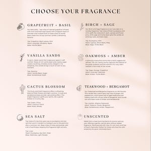 May include: A product description page titled "CHOOSE YOUR FRAGRANCE" with text describing various candle scents. Scents include Grapefruit + Basil, Birch + Sage, Vanilla Sands, Oakmoss + Amber, Cactus Blossom, Teakwood + Bergamot, Sea Salt, and Unscented.