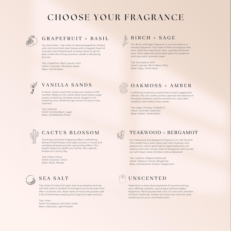 May include: A product description page titled "CHOOSE YOUR FRAGRANCE" with text describing various candle scents. Scents include Grapefruit + Basil, Birch + Sage, Vanilla Sands, Oakmoss + Amber, Cactus Blossom, Teakwood + Bergamot, Sea Salt, and Unscented.
