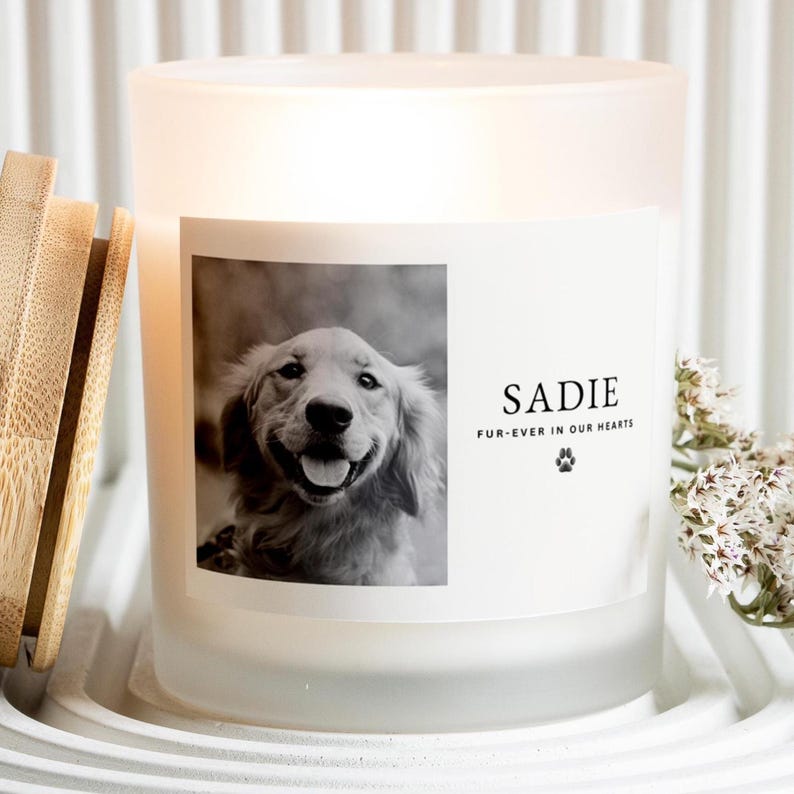 May include: A white, frosted glass candle with a black and white photo of a smiling golden retriever. The candle has the name "Sadie" and the text "Fur-ever in our hearts" printed on the front, along with a paw print.