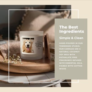 May include: A frosted glass candle featuring a golden retriever photo and the text "my parents are getting married." The candle is on a wooden tray with a wooden lid. The text "The Best Ingredients" is also visible.