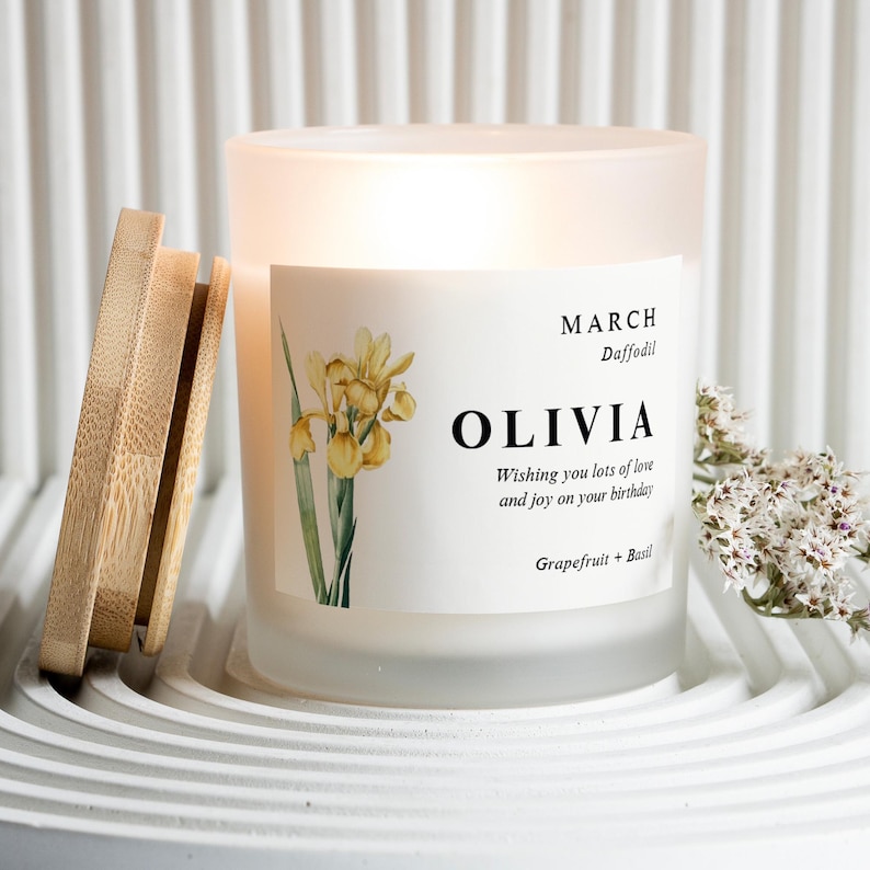 Personalized March Birth Flower Candle, Birth Month Candle, Daffodil, Best Friend Birthday, Cut Candle, Happy Birthday Name image 14