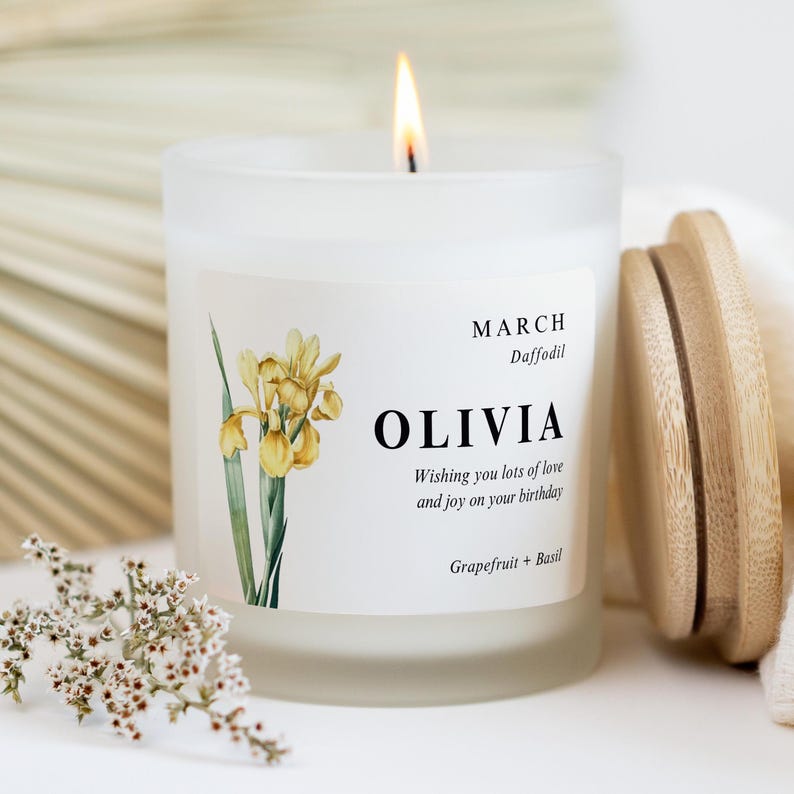 Personalized March Birth Flower Candle, Birth Month Candle, Daffodil, Best Friend Birthday, Cut Candle, Happy Birthday Name image 1