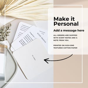 May include: A stack of white cards with scent profiles and the text "Make it Personal" and "Add a message here". The cards are printed on textured cotton paper. One card is labeled "For Amber".