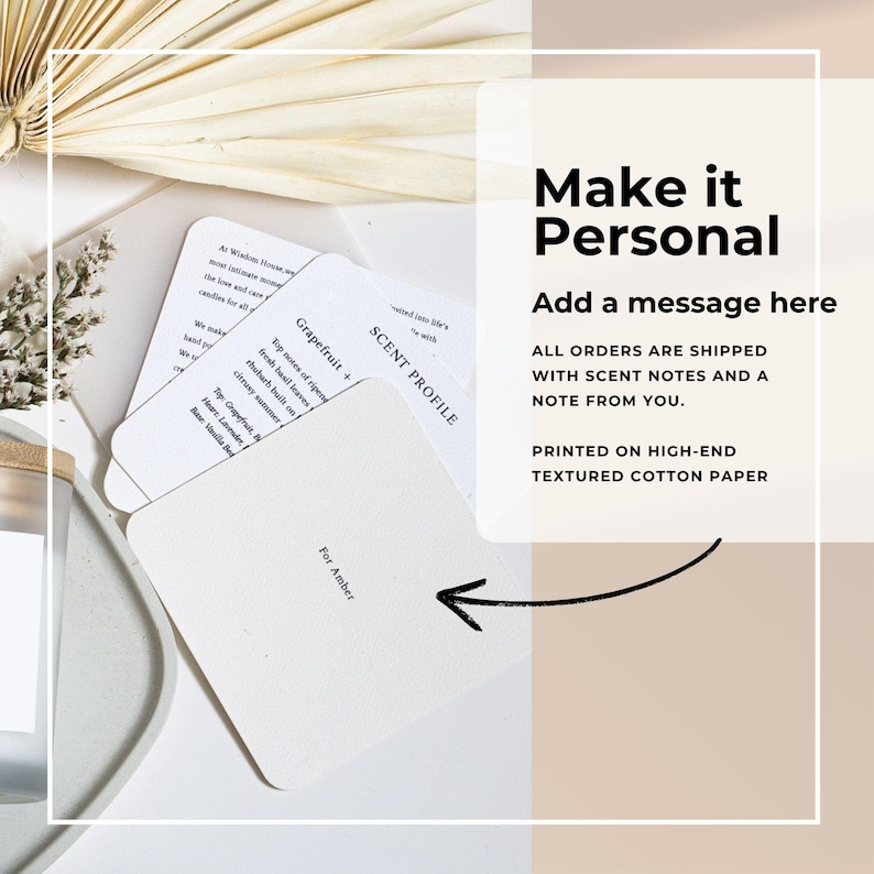 May include: A stack of white cards with scent profiles and the text "Make it Personal" and "Add a message here". The cards are printed on textured cotton paper. One card is labeled "For Amber".