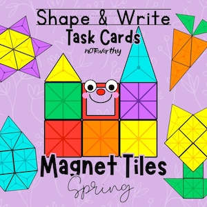 May include: A set of colorful magnetic tiles with a spring theme. The tiles are arranged in the shape of a house with a smiling face. The text "Shape & Write Task Cards" and "Magnet Tiles Spring" is visible on the image.