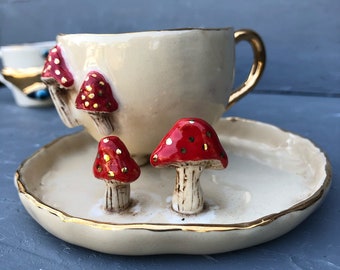 24K Gold Painted Mushroom Coffee Mug with Handle, Red 4oz Ceramic Tea  Cup, Her Gift, Handbuilt and Hand painted by Kara Ceramics