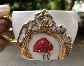 24K Gold Painted Mushroom Coffee Mug with Handle, Red 4oz Ceramic Tea  Cup, Her Gift, Handbuilt and Hand painted by Kara Ceramics