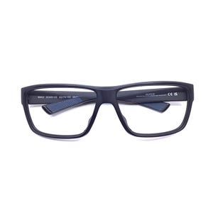 May include: Black rectangular eyeglasses with clear lenses. The frames have a matte finish and a subtle design on the temples. The glasses are set against a white background.
