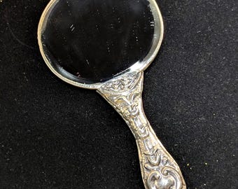 Antique .900 Silver Hand Mirror : Murat Floral Repoussé