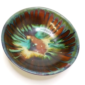 Vintage Blue Mountain Pottery Bowl 6" Green Drip Glaze MCM Canadian Studio Art Earthenware Trinket Candy Dish rare Multicolour Burst