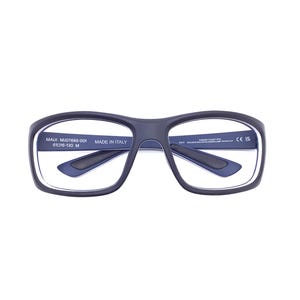 May include: Dark navy blue rectangular eyeglasses with clear lenses. The inner temple arms feature white printed text including MAUI MJ0766S 001, MADE IN ITALY, and 61-16-130 M. The frame has a smooth matte finish and a structured bridge design.