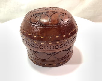 Vintage Paraguay Leather Stitched Trinket Box Handmade Gift Idea Jewelry Holders