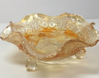 Vintage Jeannette Carnival Glass Three Footed Bowl I  Peach/Orange Lombardi Marigold Serving Bowl Candy Dish Iridescent Colour Finish 1950s