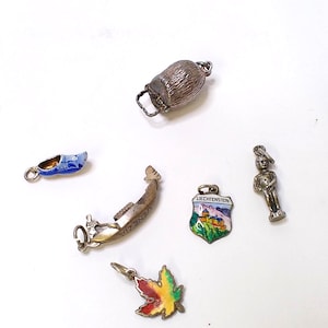 6 vintage sterlingzilver reis- en souvenirbedelarmband bedels mechanische opening eikel geëmailleerd schild Venetië gondel sieraden sieraden