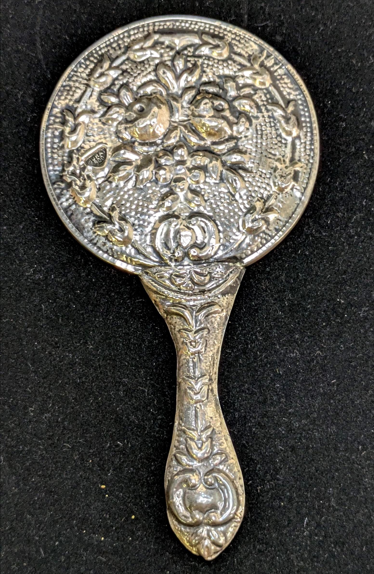 Antique .900 Silver Hand Mirror : Murat Floral Repoussé