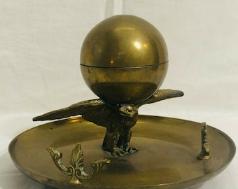 Antique Brass Inkwell Eagle Holding Globe Plate and Pen Holders Vintage Art Deco