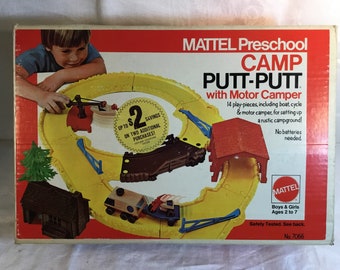 VINTAGE 1973 MATTEL Preschool Camp Putt-Putt WOODEN BOAT CYCLE & TRAILER NEW 
